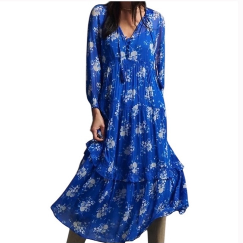 Anthropologie Blue Floral Maxi Dress